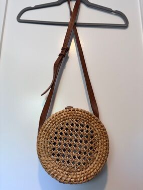 JCrew Rattan Circle Woven Round Brown Crossbody Bag with Adjustable Strap